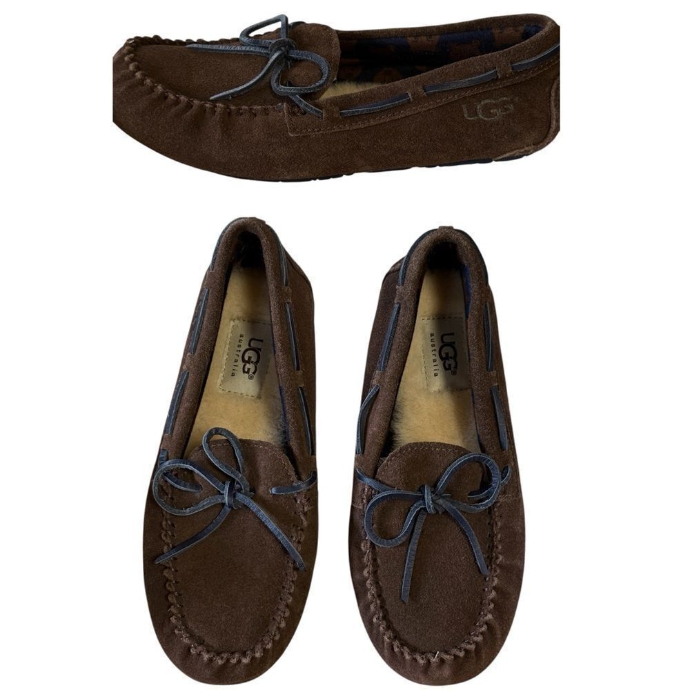 UGG Kids Chocolate Slipon Moccasin Suede Loafers with Bow Brown Size 3